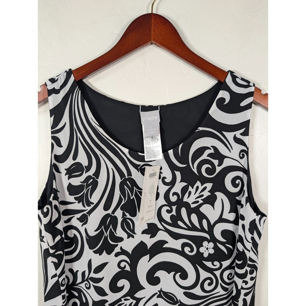 CHICO'S Tank Top Women Size 1 Reversible Scroll Print Woven Pattern Black White - Picture 6 of 10